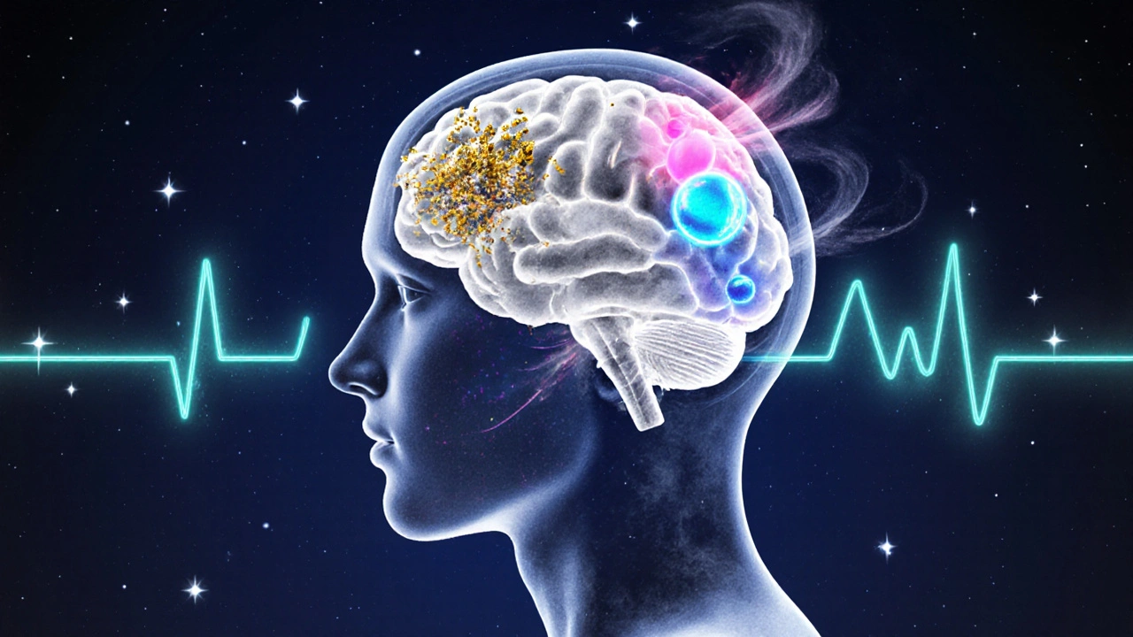 Beynin içinde parlayan serotonin, dopamin, endorfin ve azalan kortizol.