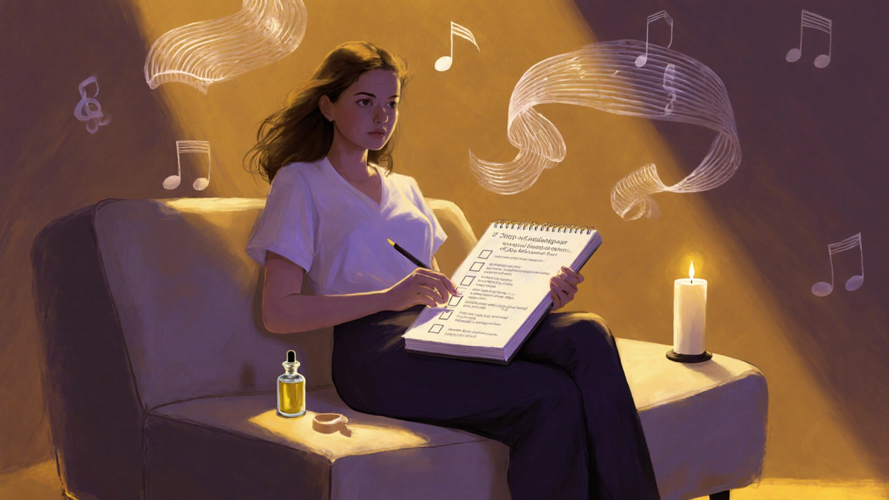 Kadın not defterinde kontrol listesi, etrafında müzik notaları ve yağ şişesi.
