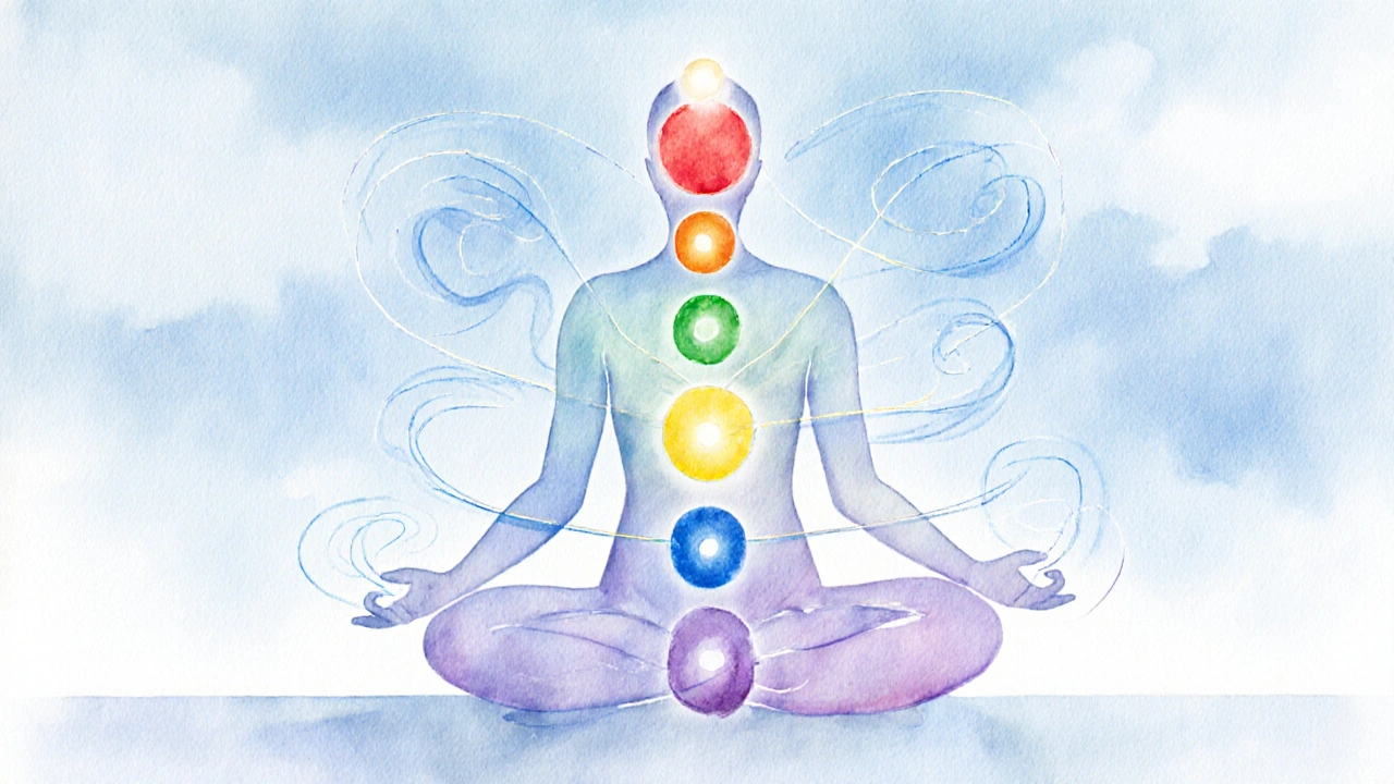 Meditasyon yapan figürün yedi çakrası parlak renklerle ve enerji akışıyla gösteriliyor.