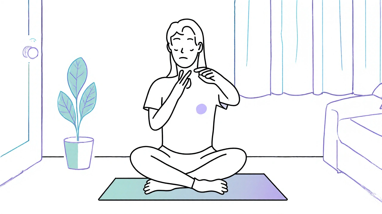 Person doing self‑Shiatsu on the neck while seated on a floor mat in a minimalist home setting.