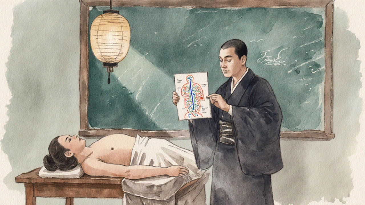 Watercolor of Dr. Tokujiro Namikoshi examining a patient in an early 1900s clinic with meridian diagrams.