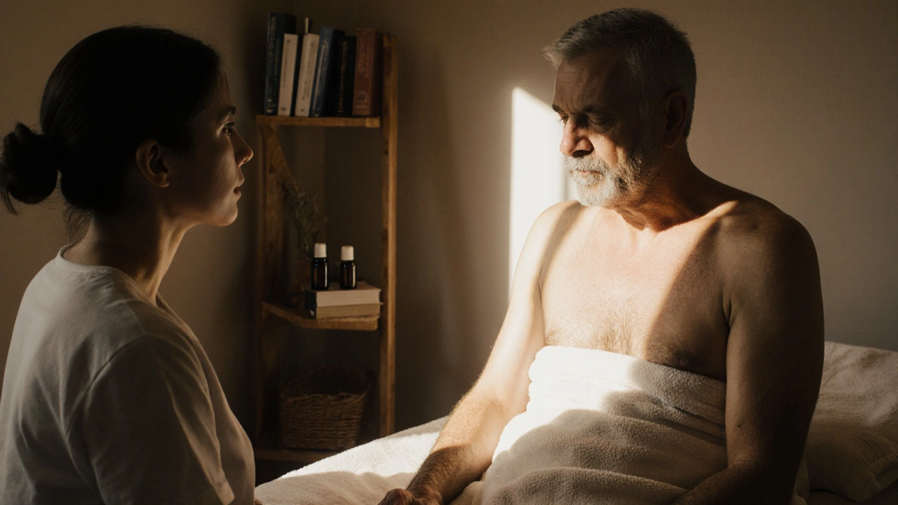 Bir erkek masaj masasında konuşuyor, terapisti dikkatle dinliyor.