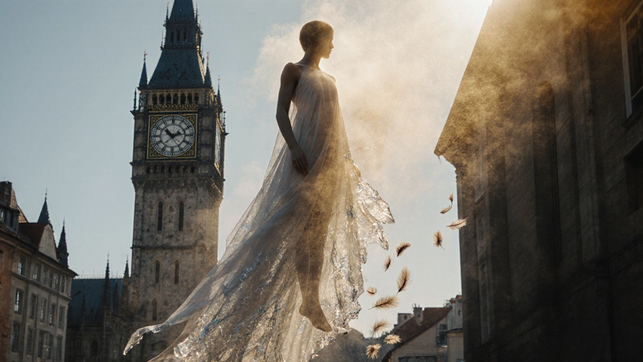 Bir insan silueti, iplik, buz ve tüylerle çözülerek altın rengi bir buhar haline gelir.