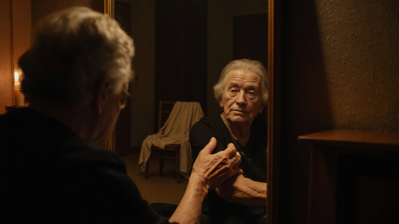 Bir kadın, aynada kendi vücudunu dokunarak izliyor, arkada masaj sonrası kalmış sıcaklık ve sessizlik hissi var.