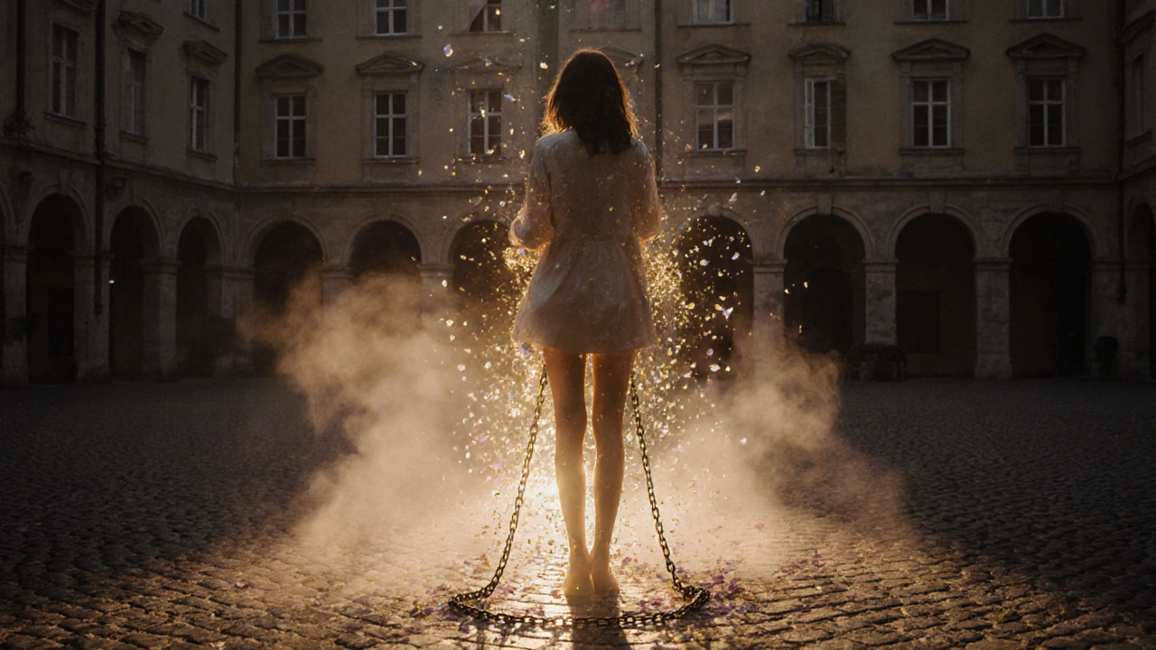 Bir kadın, gölge zincirlerinden kurtulurken doğanın ışığında duruyor.