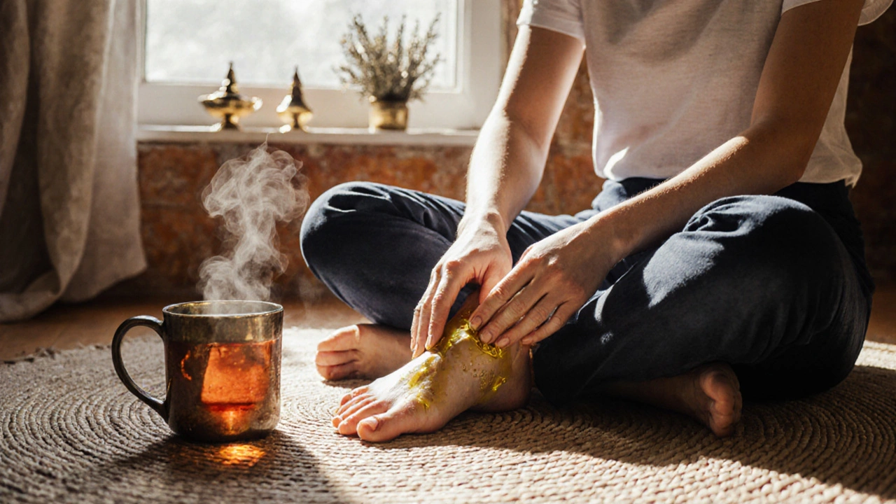 Bir kişi sabah kalktıktan sonra kendi ayaklarına ve başına sıcak susam yağı masajı yapıyor, evde huzurlu bir ritüel.