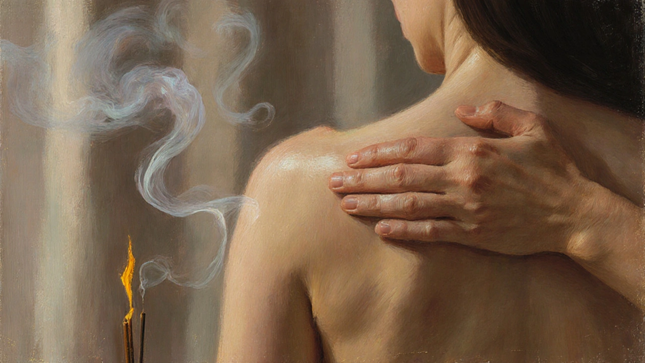 Bir terapistin elleri, bir kadının sırtına hafifçe dokunuyor.