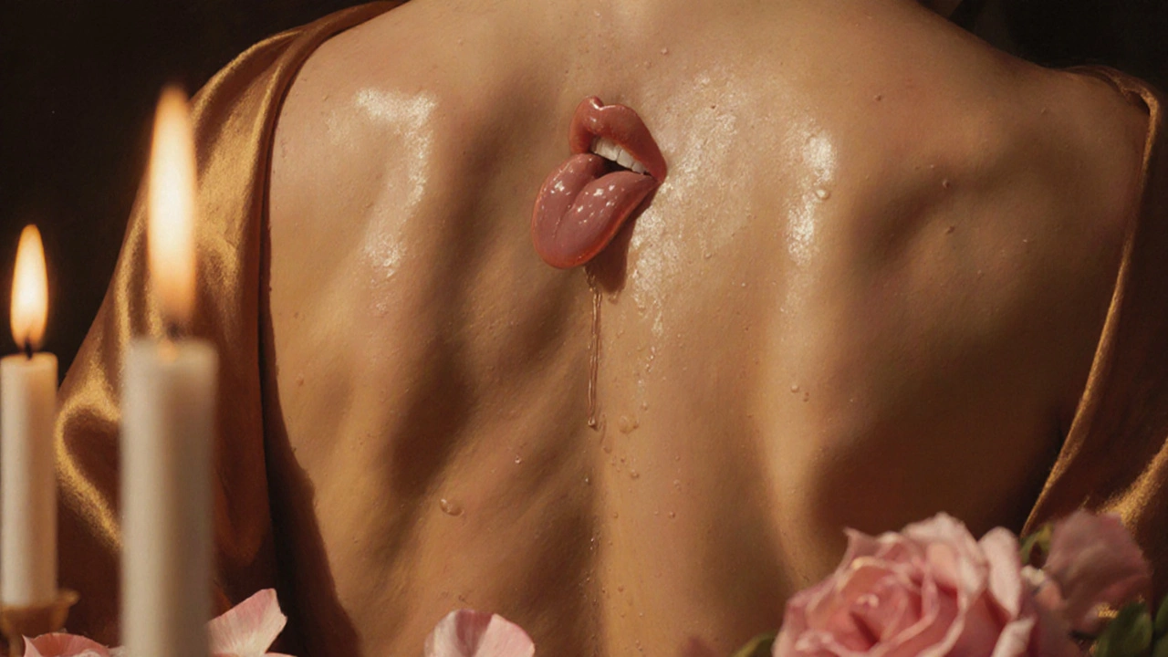 Dudaklar ve dil, nemli bir sırt üzerinde ince bir dokunuş yapıyor, ıslaklık ve ışık yansıması dikkat çekiyor.