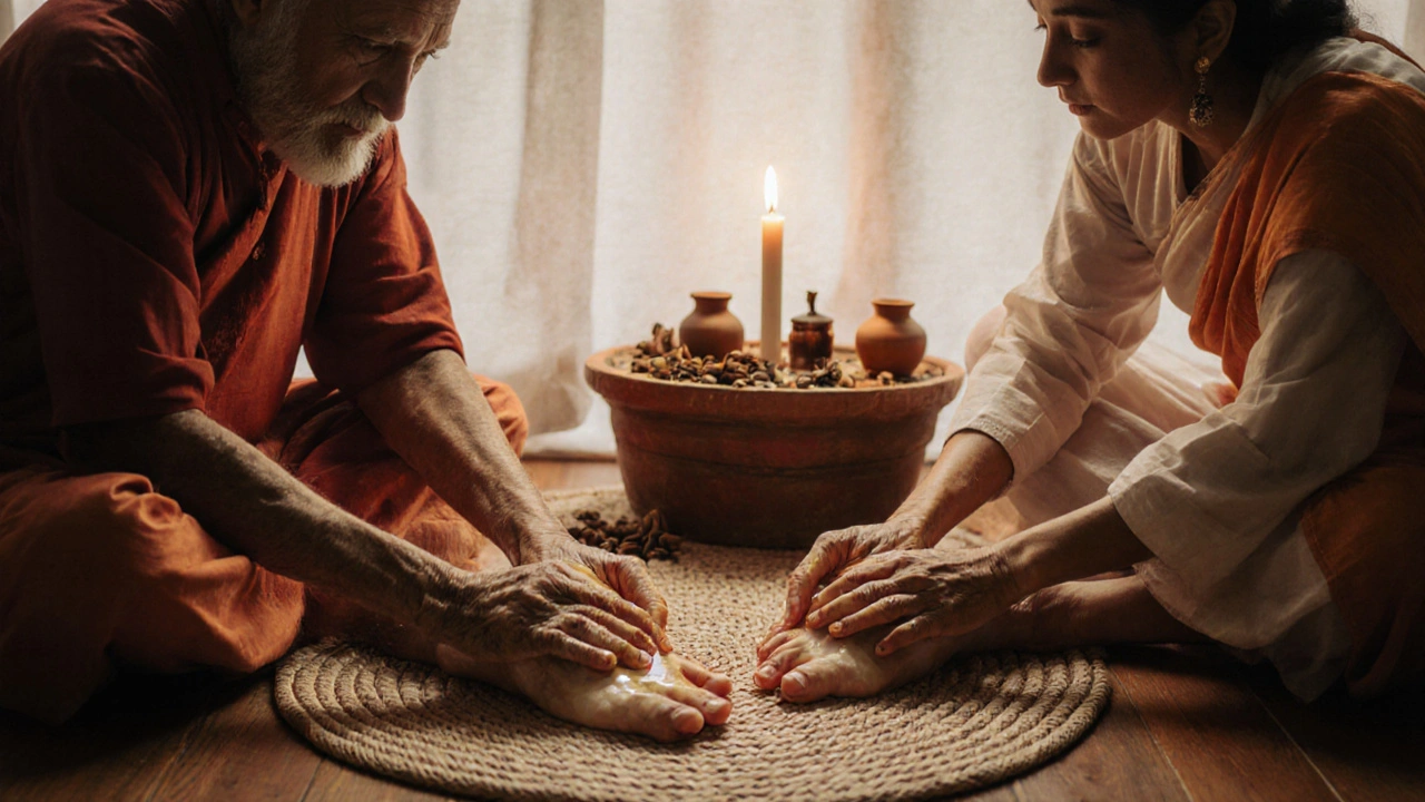 İki el, sıcak hindistan cevizi yağıyla ayak tabanlarına masaj yapıyor, arka planda bitkisel yağlar ve mum var.