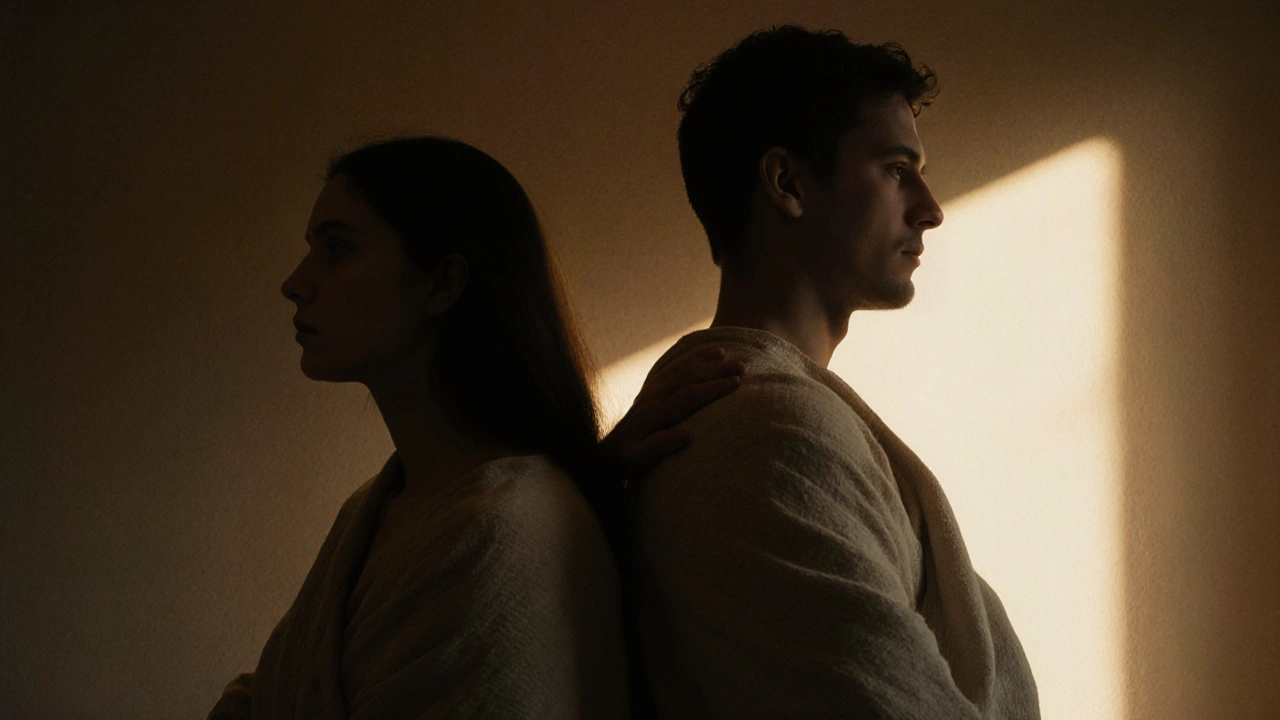 İki kişi, doğal kumaşlarla sarılı, sessiz bir ritimde birbirine doğru eğilmiş, aralarında dokunuşun öncesi gibi bir bağ var.