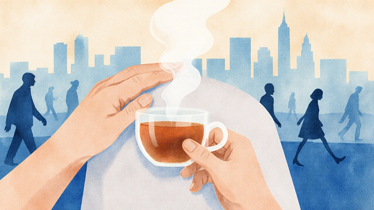 Masaj eli ve çay kupası, arka planda yalnız insan siluetleriyle.