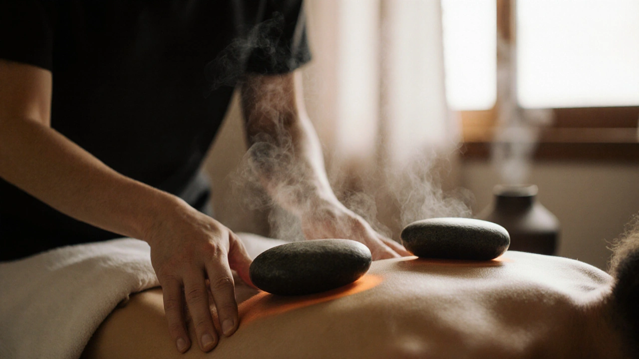Praktisyenin eli, sırtta sıcak volkanik taşlarla doğal yağ masajı yapıyor.