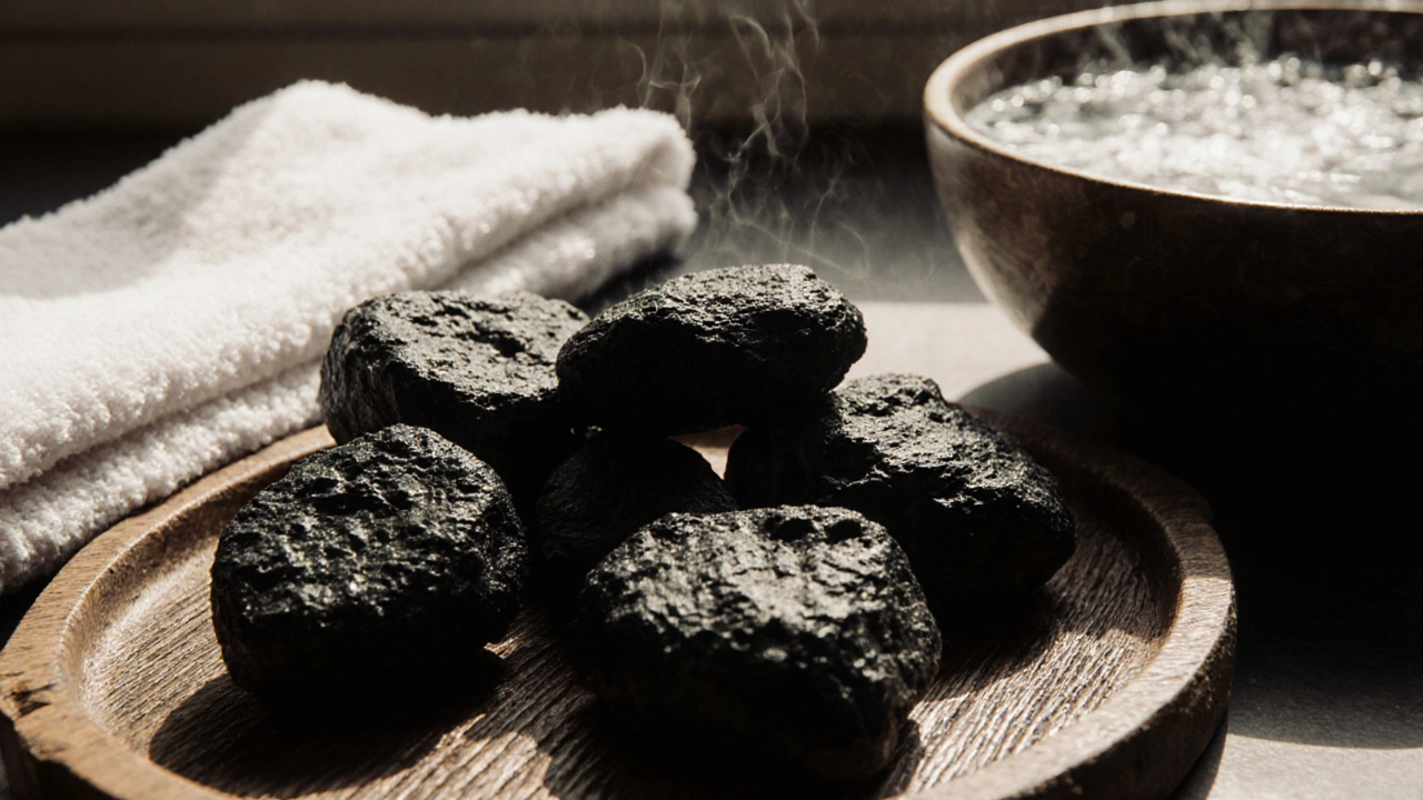 Pürüzlü, siyah volkanik lava taşları, sıcak su ve havluyla birlikte ahşap bir tepede.