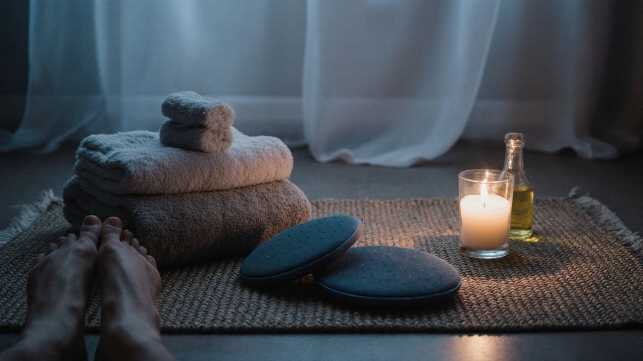 Sabah ışığında, bir tantrik masaj seti: silikon ped, yağ şişesi ve mum ışığı.