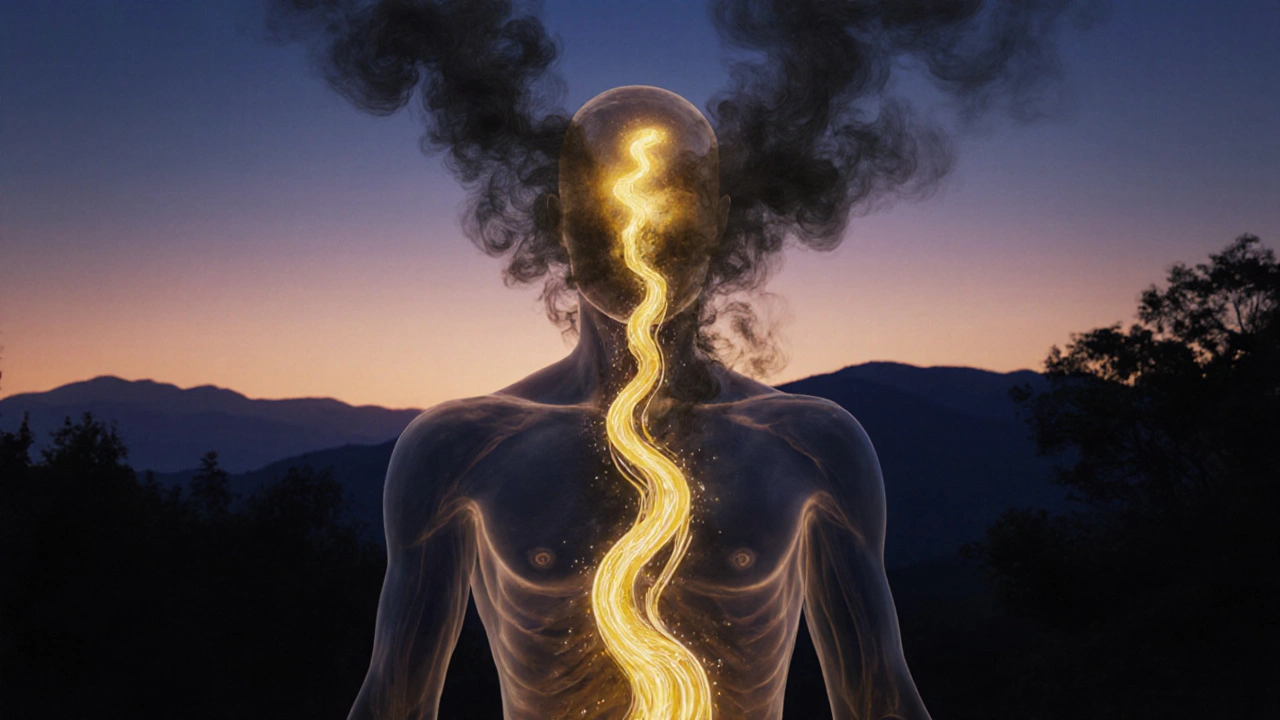 Şeffaf bir siluet, vücudundan altın renkli yağ nehirleri akıyor ve karanlık toksinler uzaklaşıyor.