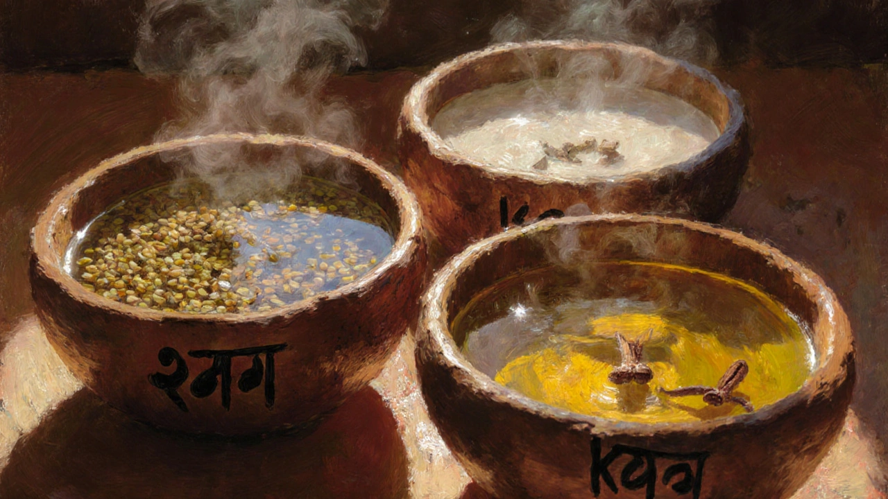 Üç farklı Ayurvedik bitkisel yağ: susam, hindistan cevizi ve zencefil-karanfil karışımı, ahşap kaplarda güneş ışığında duruyor.