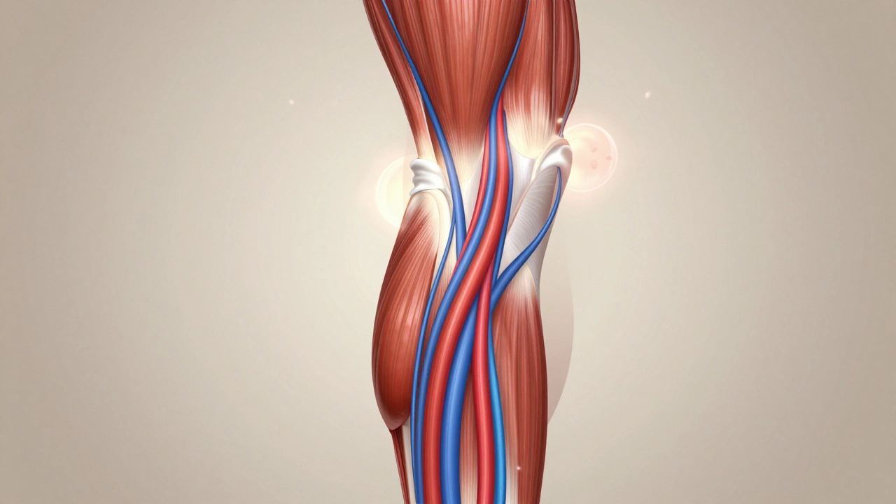 Bacak kaslarının kesiti, kan ve lenf akışının kompresyonla yukarı doğru hareketi gösteriliyor.