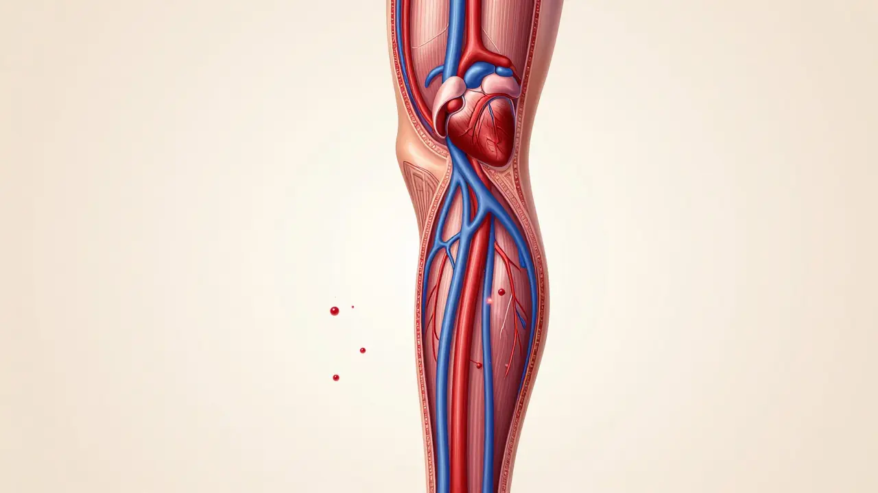 Bacakta kan dolaşımının kompresyon ile nasıl arttığı bilimsel kesit gösterimi.