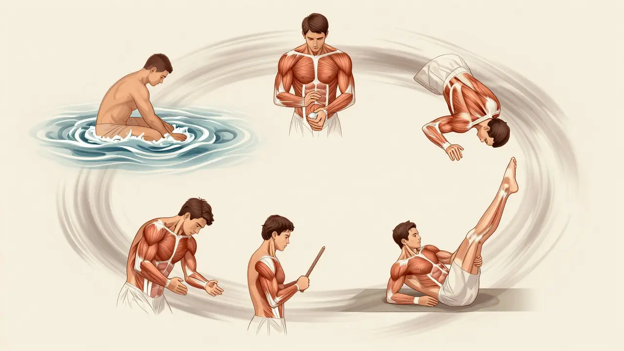 Beş spor masaj tekniğinin görsel temsili: sürtünme, sıkma, sürtme, vurma ve esneme.