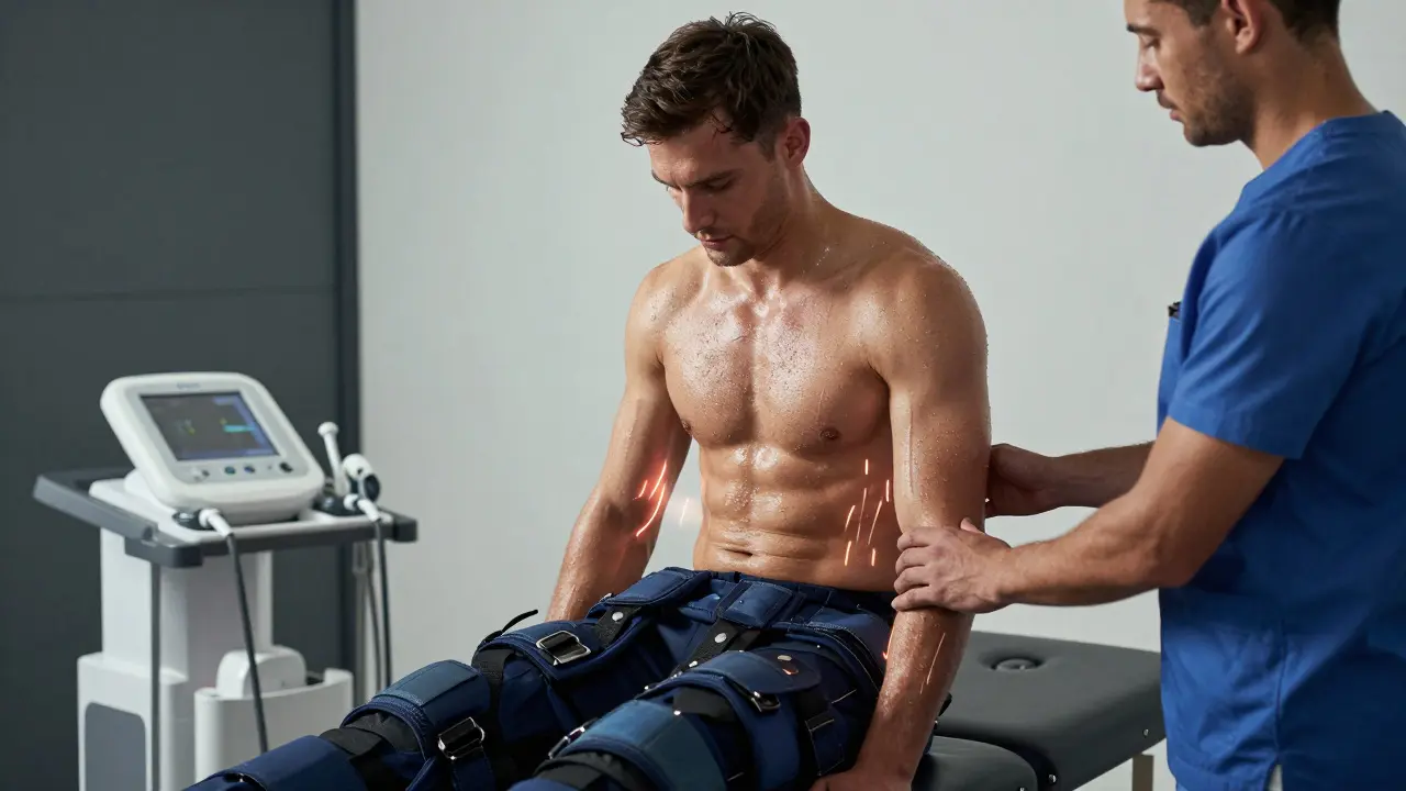 Bir sporcu fizyoterapi merkezinde kompresyon tedavisi alıyor.