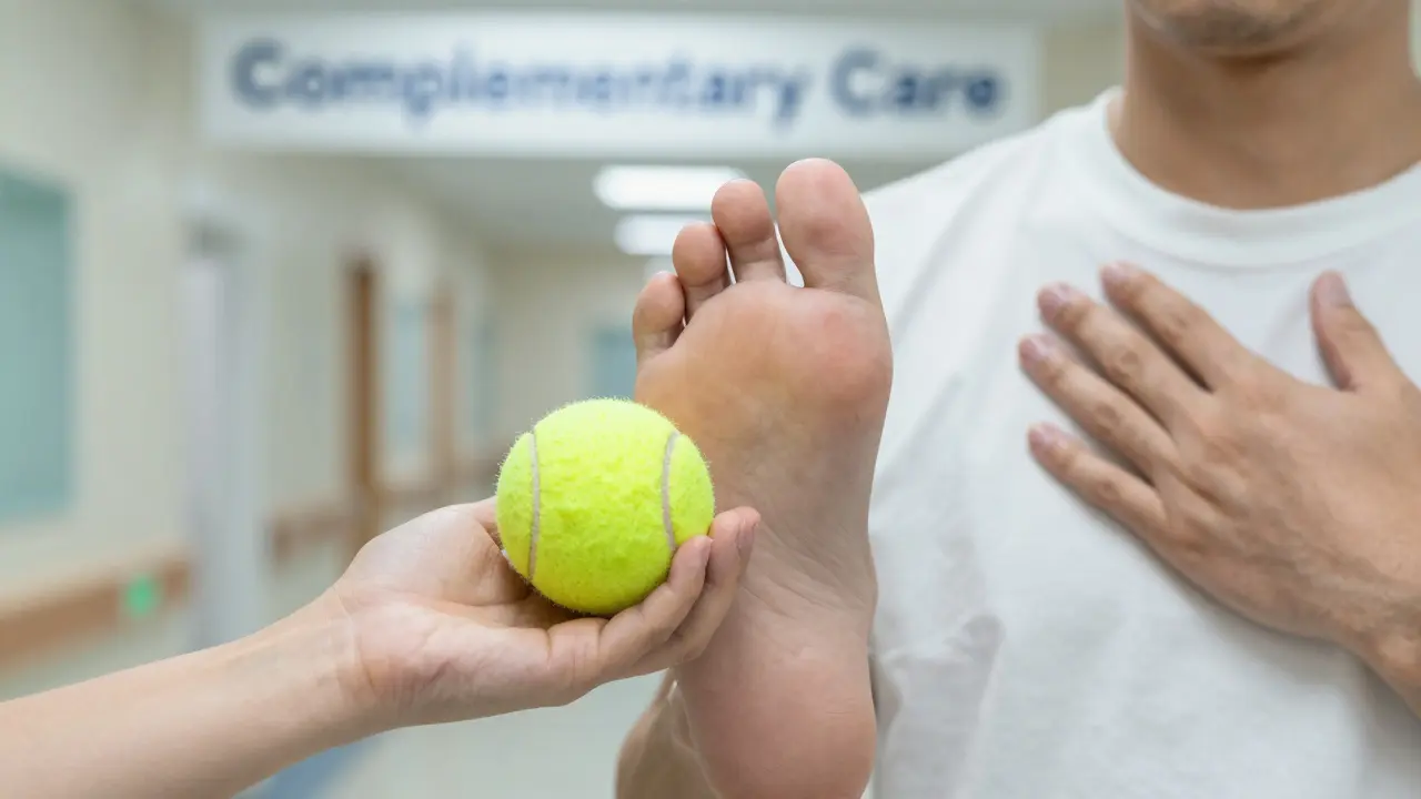 Bir tenis topuyla ayak basıncı uygulanırken göğüs üzerindeki el.