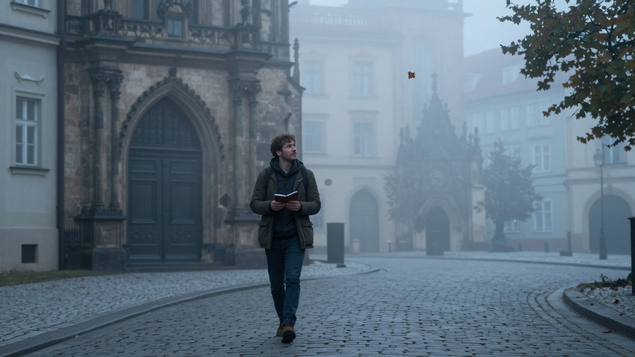 Erken sabah Prag&#039;da, bir seyahatçi duygusal bir dönüşümle sokaklarda yürüyor.