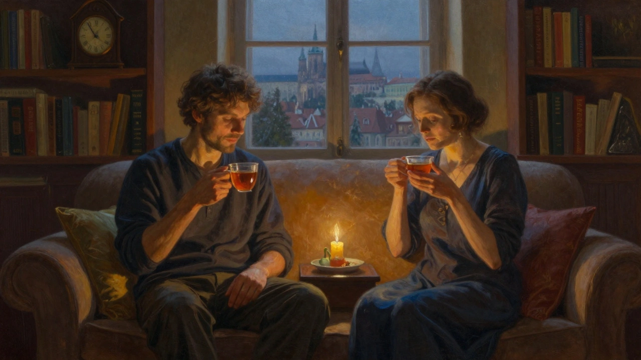 İki kişi, masajdan sonra sessizce çay içiyor, sıcak bir akşamın huzurunda.