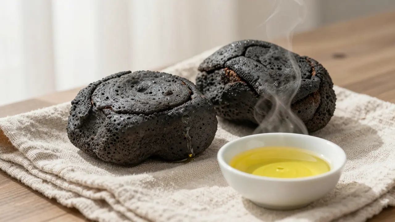 İki lav taşı, bez bir havlunun üzerinde, hafif buharlı ve badem yağı yanında duruyor.