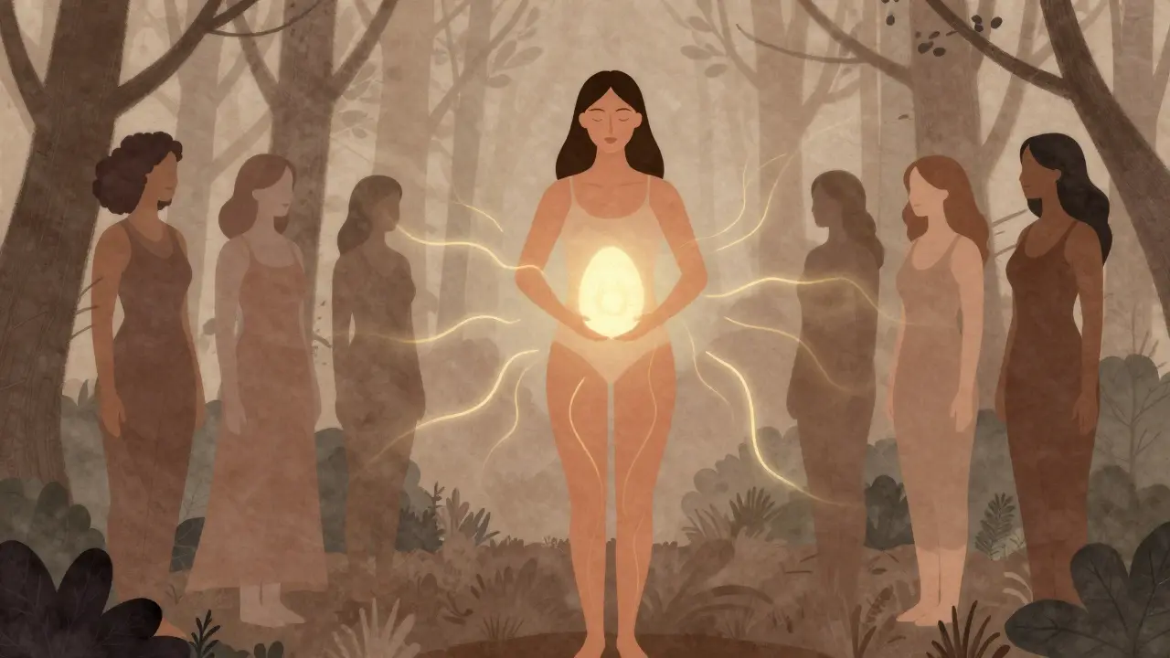 Kadın, ormanda Tenga Egg’i tutuyor, vücuduna enerji dalgaları yayılıyor, diğer kadınlar arka planda destek veriyor.