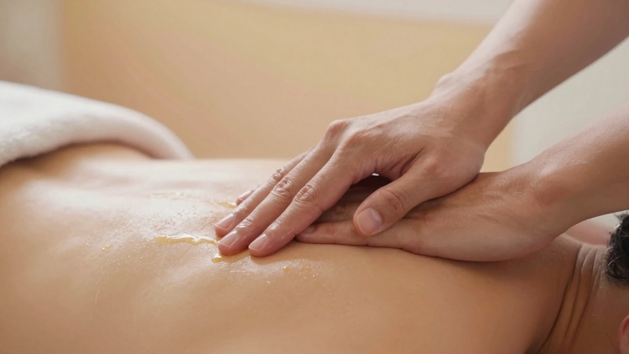 Omuz ve boyun bölgesinde yağlı ellerle derin sıkma ve dairesel basınç uygulanıyor.