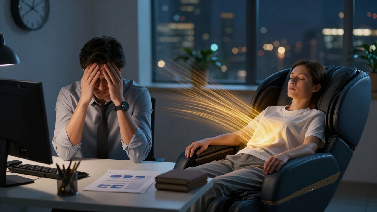 Stresli bir ofis çalışanı, masaj sonrası gevşemiş halde gözlerini kapamış.