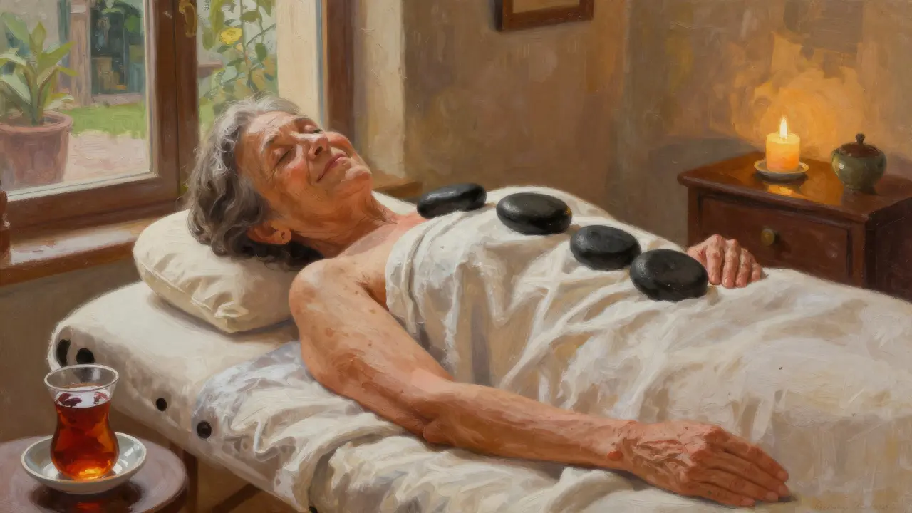 Yaşlı bir kadın, ayak ve sırtında lav taşlarıyla huzurlu bir şekilde masaj yapıyor.