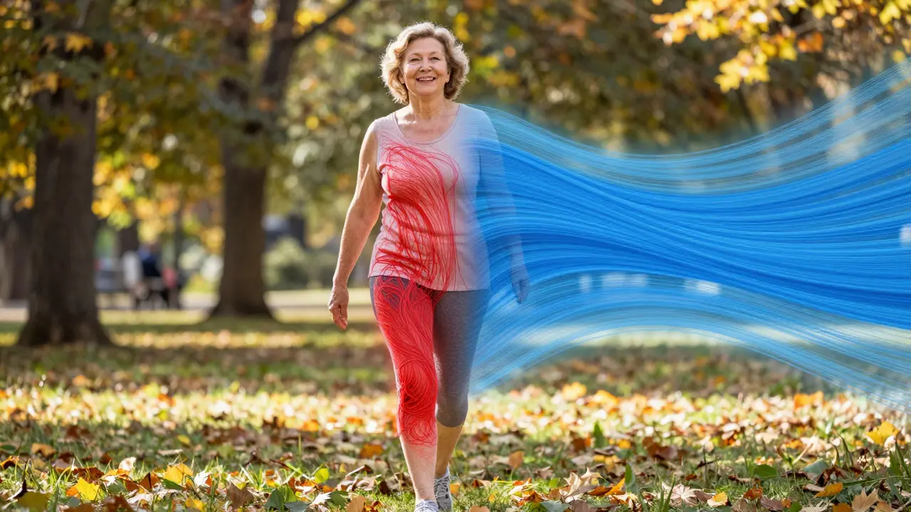 70 yaşındaki bir kadın, dizindeki fascia serbest bırakıldıktan sonra parkta özgürce yürüyor.