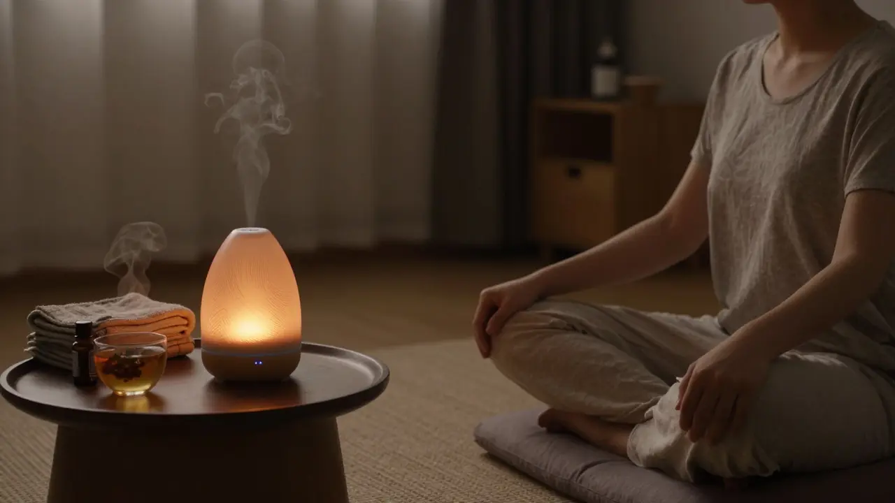Aromaterapi masaj sonrası sakin bir şekilde nefes alan bir kişi, difüzörün hafif ışığıyla.