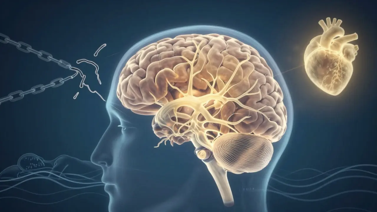 Beyin aktivitesi gösteren bir anatomik görsel, stres hormonları kırılıyor, oksitosin ve uyku hormonu artıyor.