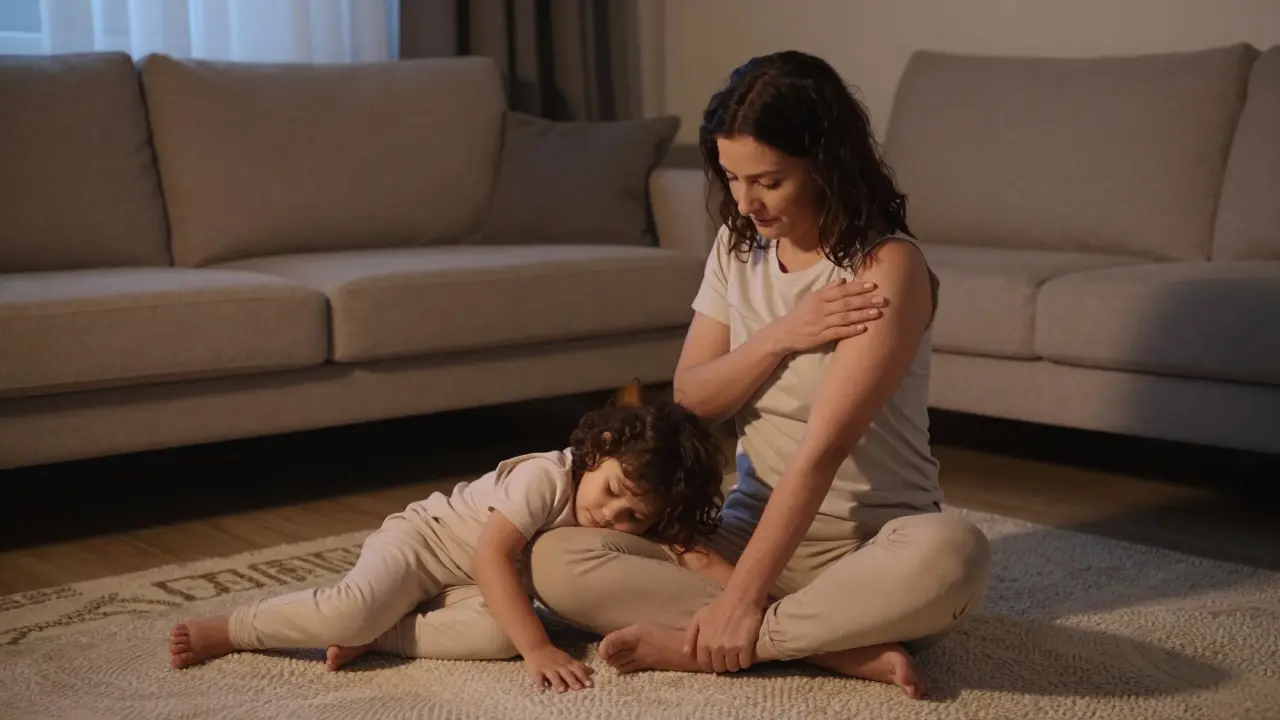 Bir anne, evde kendi omzuna hafif baskı uygularken çocuğunun yanında oturuyor, giysileri üzerinden shiatsu yapıyor.