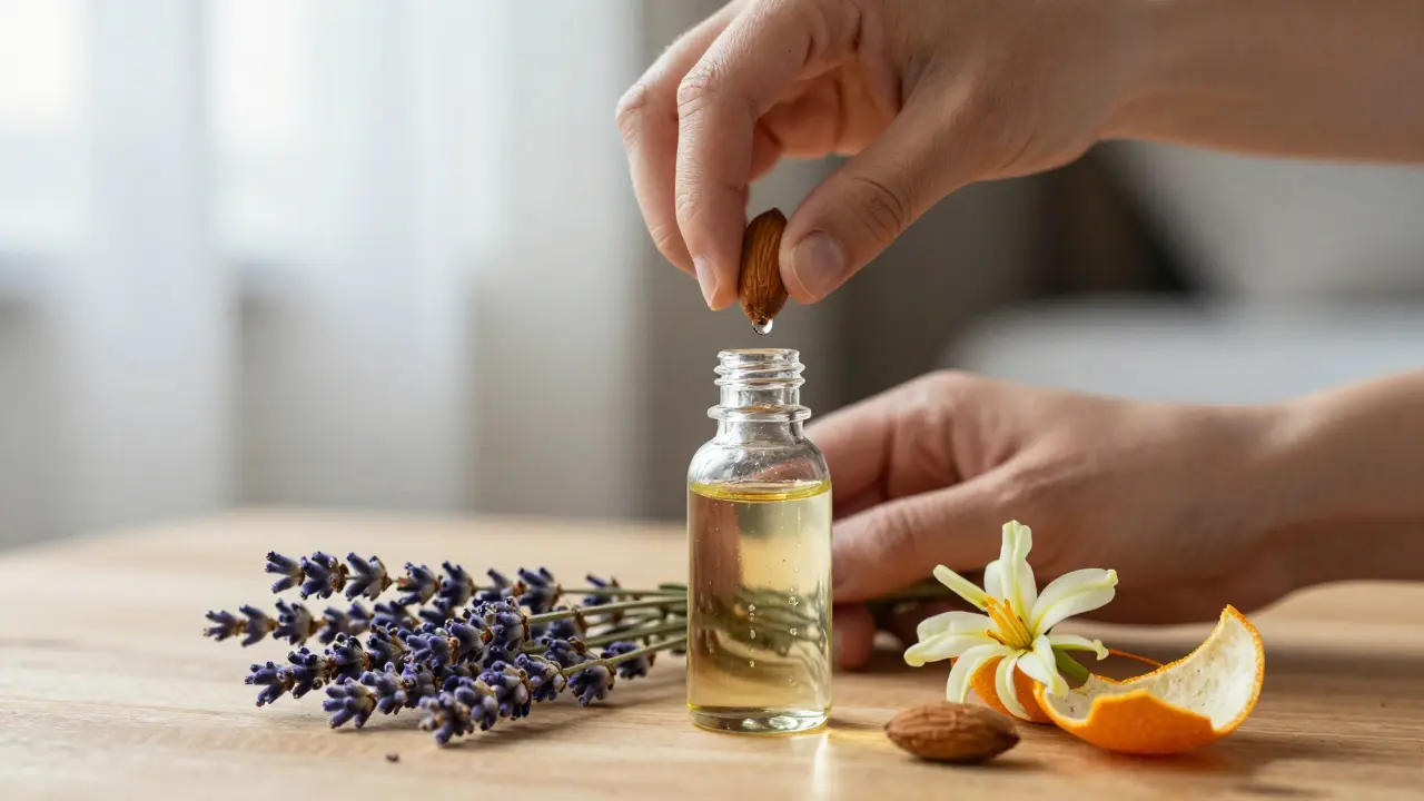 Eller, lavanta, bergamot ve ylang-ylang esansiyel yağlarını badem yağına karıştırıyor, doğal ışıkta.