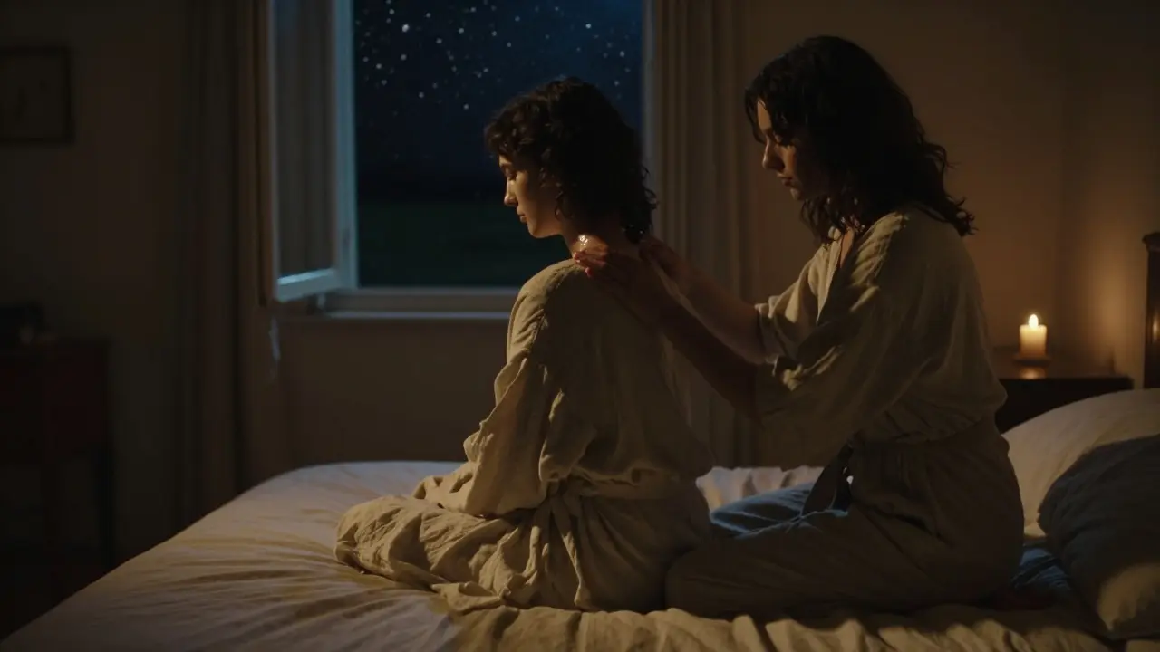 İki kişi, karanlık bir odada birbirlerine sırt masajı yapıyor, sadece sessiz bir bağlanma anı.