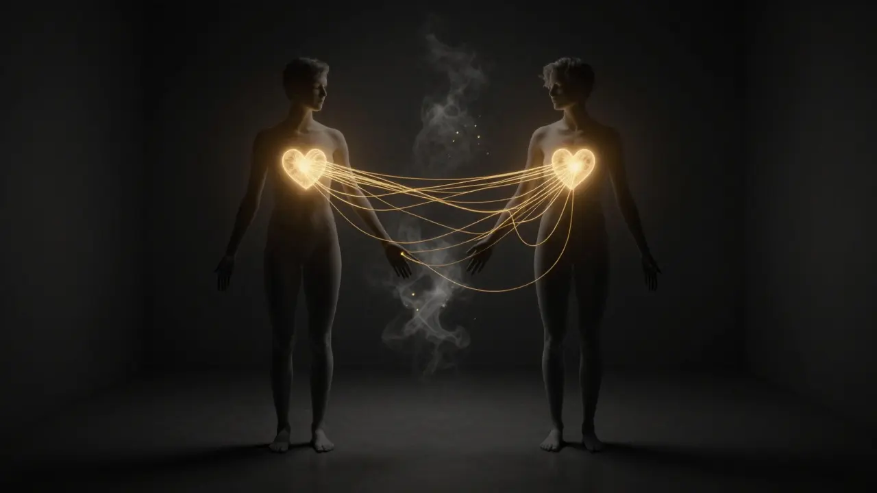 İki siluet, kalp, eller ve ayaklardan çıkan altın enerji telleriyle birbirine bağlı.
