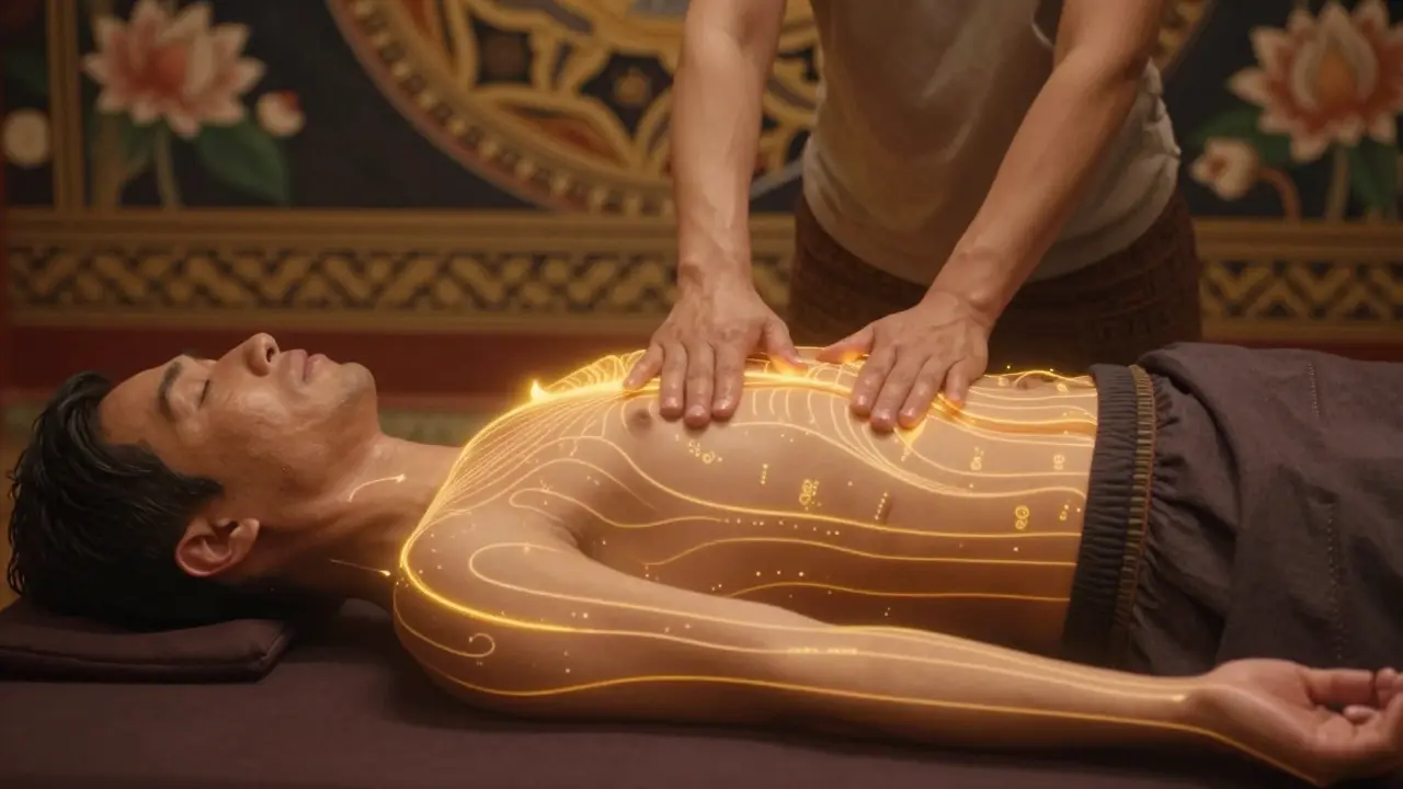 İnsan vücudunda gizli enerji hatları altın renkte parlıyor, masaj esnasında uygulayıcının elleriyle bağlantılı olarak akıyor.