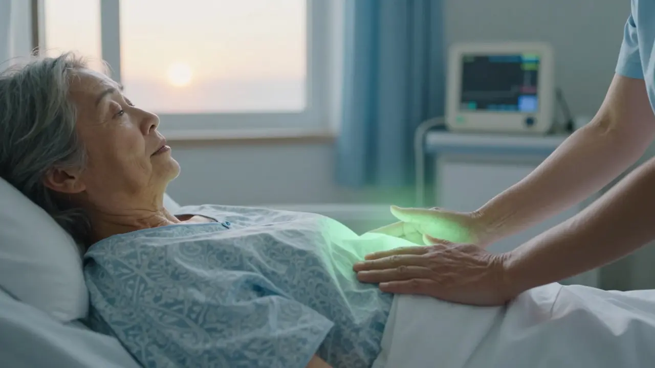 Kanser hastası bir kadın üzerine hafif el hareketleriyle Reiki uygulanıyor.