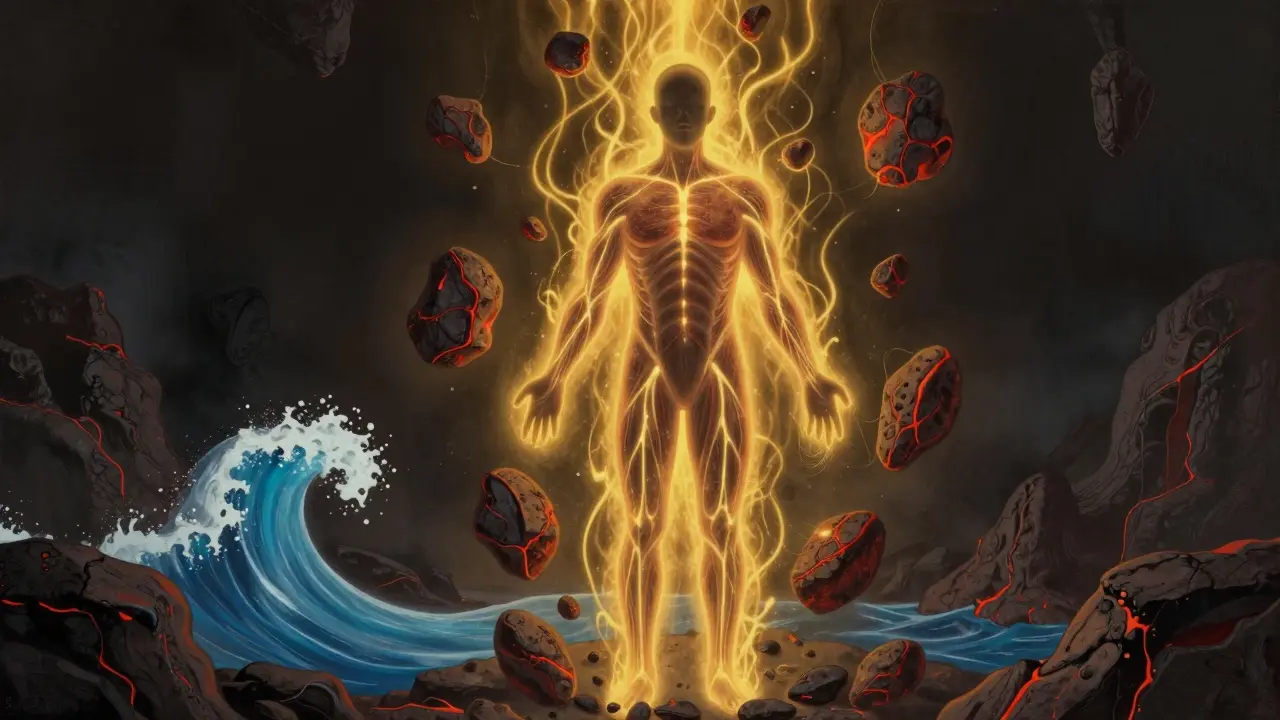 Lav taşları stresi çözüyor, vücudunda ışık dalgaları yayılıyor, sakin bir atmosferde.