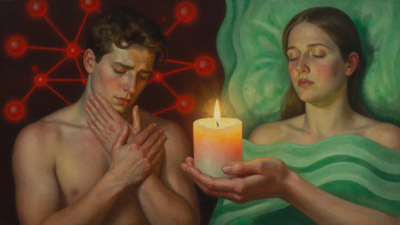 Masaj yağı ve mum birlikte stresi hafifletiyor: gerginlikten sakinliğe geçiş gösteriliyor.