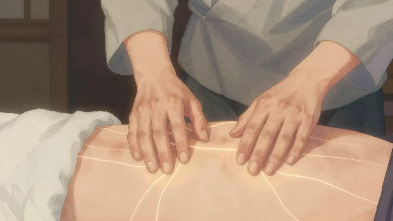 Parmak uçları, karın bölgesindeki enerji noktalarına baskı yapıyor, hafif ışık hatları enerji akışını temsil ediyor.