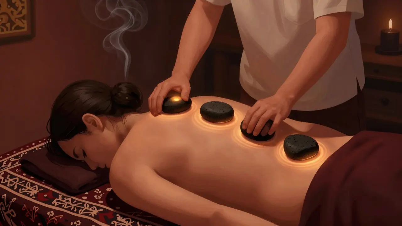 Profesyonel bir masaj terapisti, sıcak lav taşlarıyla bir müşterinin sırtını masaj yapıyor.