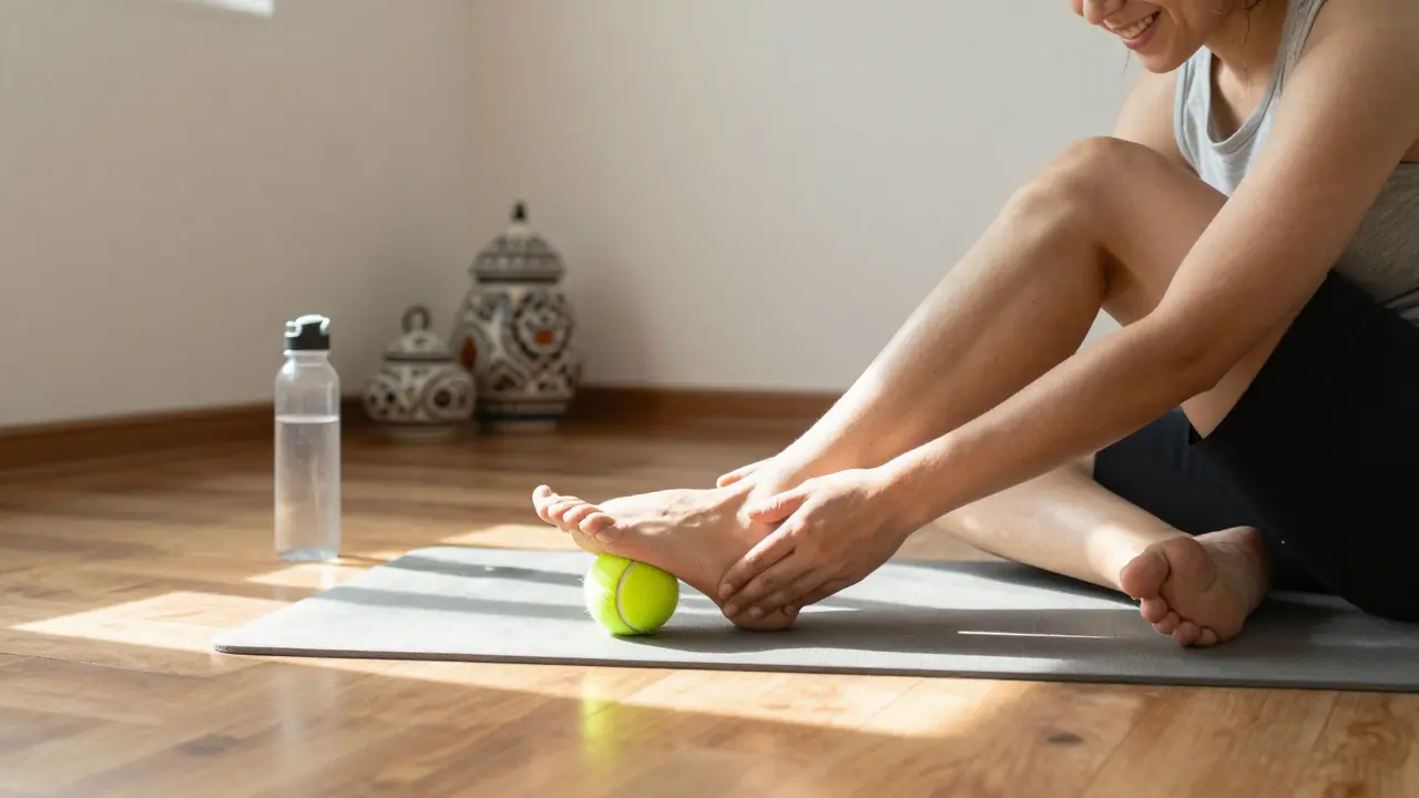 Bir kişi evde tenis topu kullanarak ayak tabanı fasyasını gevşetiyor.