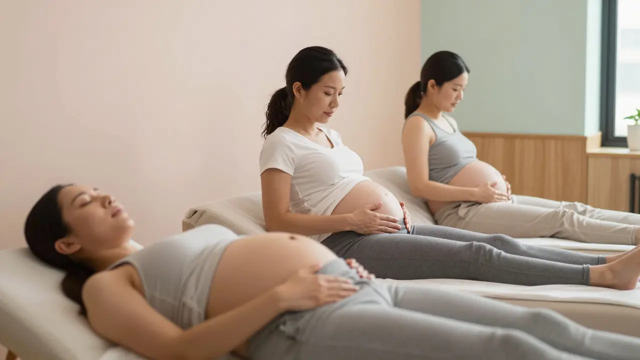 Farklı hamilelik dönemlerindeki üç kadın, farklı pozisyonlarda natal masaj alıyor.