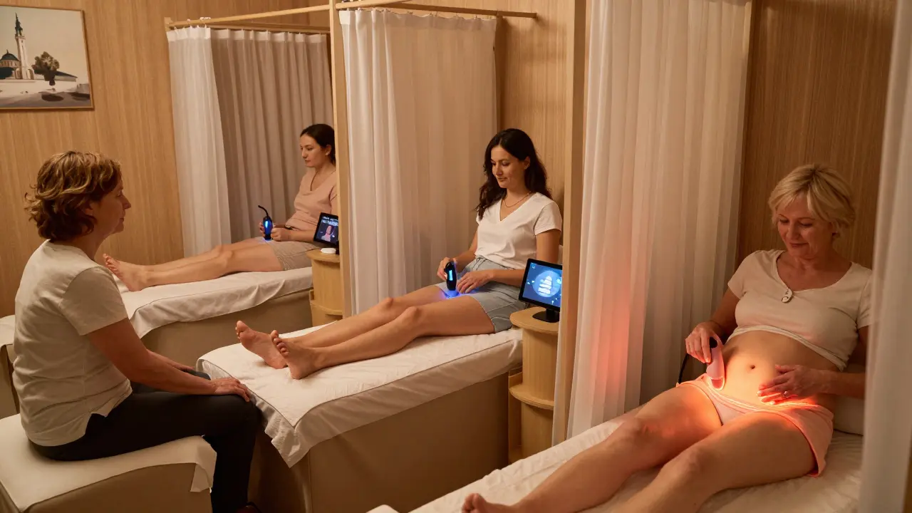 Farklı yaşlardan ve cinsiyetlerden insanlar, özel kabinlerde kişiselleştirilmiş masaj cihazlarını kullanıyor.