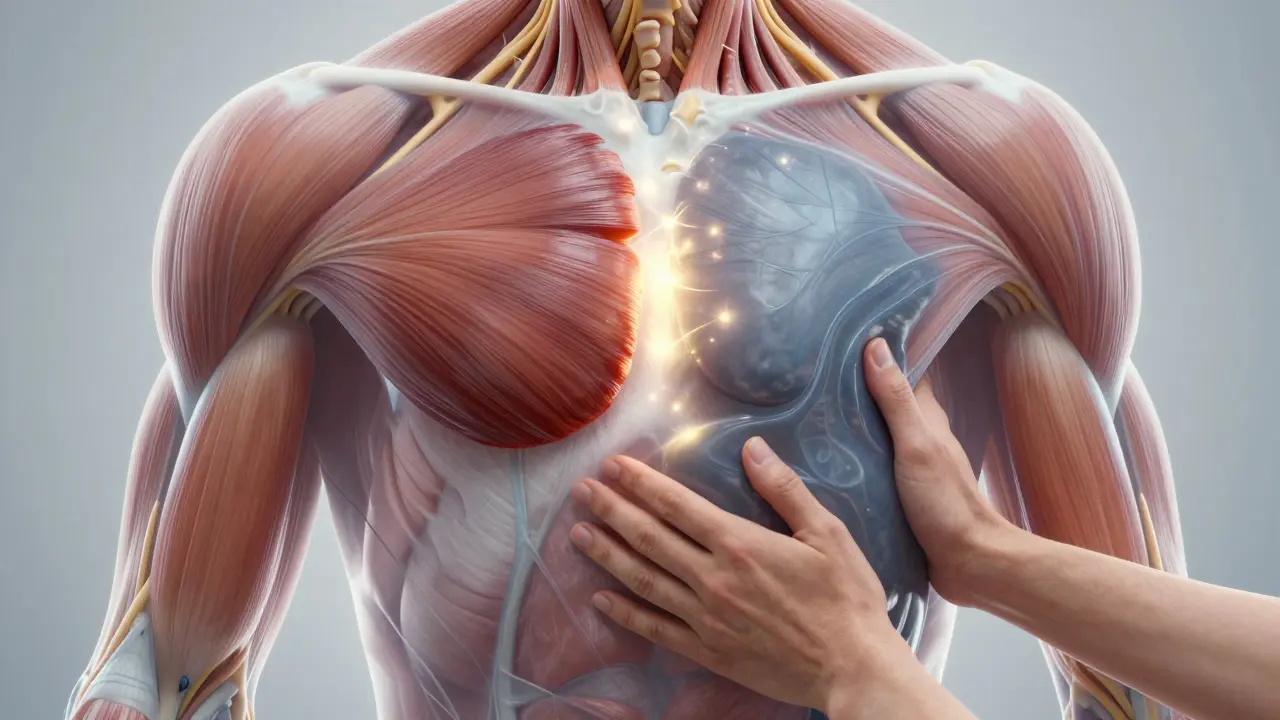 İnsan vücudunun kesit görünümünde, kasları çevreleyen fasya dokusunun sıkışmış ve serbest bırakılmış bölgeleri gösteriliyor.