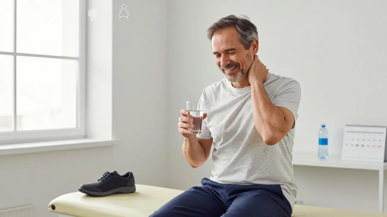 Man smiling after prostate massage session, holding water, symbols of healthy lifestyle nearby.